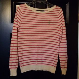 RL Hot pink and white striped lightweight sweater.